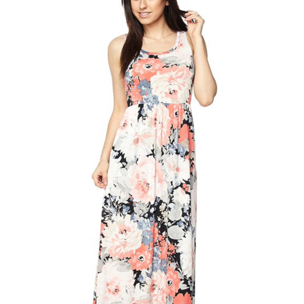 Sleeveless Coral Pastel Floral Maxi Dress